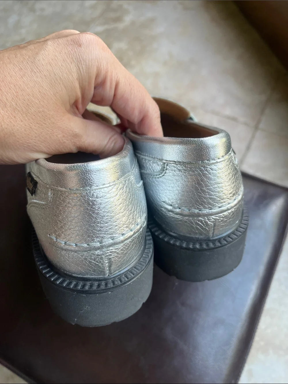 Russell & Bromley Silver Metallic Leather Loafers with Gold Bit New without Box